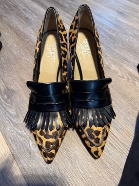Franco Sarto Leopard Print Pointed Loafers with Black Fringe- Great Condition